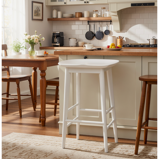 Sunvega Modern Wood Counter Stool with Tapered Legs and Cross-Stretchers in White