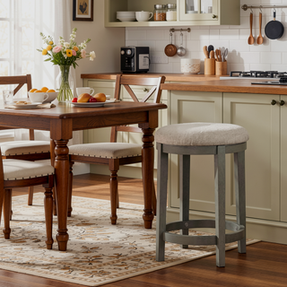 Sunvega Set of 2 Counter Height Stools with Round Polyester Seat and Gray Wood