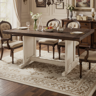 Sunvega Mahogany and Mindi Wood Rectangular Plank Top Dining Table with Off White Trestle Base