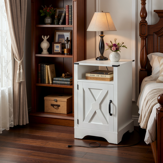Sunvega White & Oak Farmhouse Nightstand with Electrical Outlets Charging Station and Storage