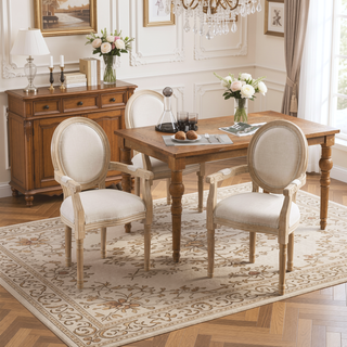 Sunvega French Style Solid Wood Frame Linen Fabric Oval Back Dining Chairs Set of 2