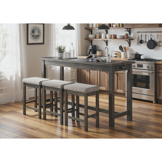 Sunvega White Counter Height Dining Set with USB Ports and Fabric Stools