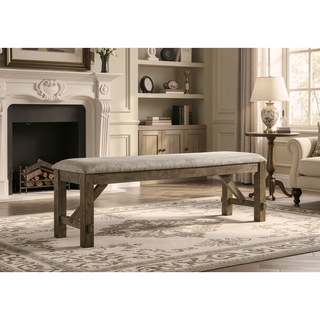 Sunvega Farmhouse Dining Bench with Tan Textured Fabric Upholstery and Foam Padding