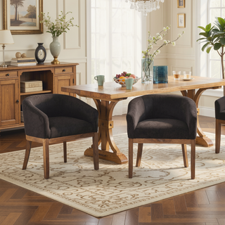 Sunvega Mid Century Modern Upholstered Barrel Dining Chair with Arms and Natural Hardwood Frame