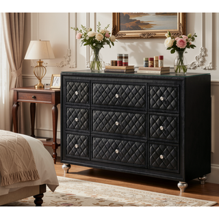 Sunvega Glam Style Black Dresser with Tufted Drawer Fronts and Faux Crystal Knobs