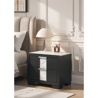 Sunvega Black and White Finish Nightstand with Two Drawers and Metal Knobs