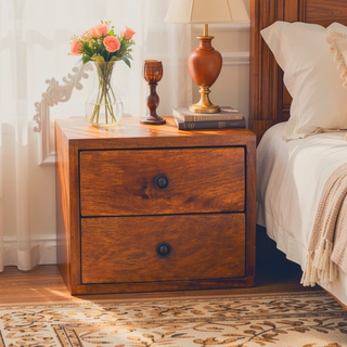 Sunvega Solis Collection Solid Mango Wood Wall Mounted Nightstand with Two Drawers