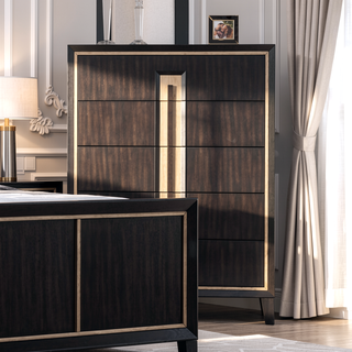 Sunvega Contemporary Espresso Solid Wood 5-Dovetail Drawer Chest with Gold Accent