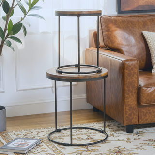 Sunvega Solid Mango Wood Round Stool Set with Iron Base and Oak Finish