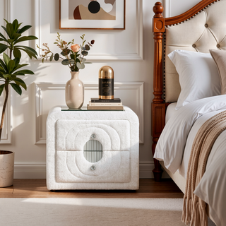 Sunvega White Teddy Sherpa Nightstand With Chrome Crystal Knob And Glass Top