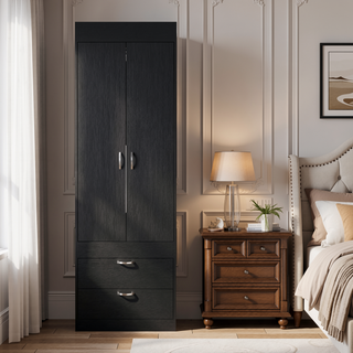 Sunvega Black 70H" Double Door Cabinet with Two Drawers and Metal Handles