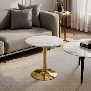 Sunvega Round White Pedestal Side Table with Marble Effect Top for Living Room