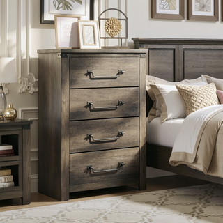 Sunvega Antique Brass Drop Handles Rustic Gray Chest with Four English Dovetail Drawers