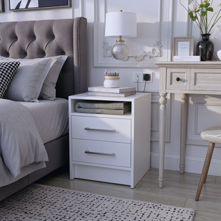Sunvega White 2-Drawer Nightstand with Open Shelf for Small Bedroom Spaces