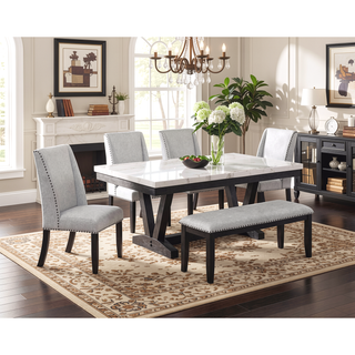 Sunvega Modern Dining Table with Genuine Marble Top and Black Trestle Base