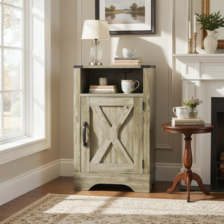 Sunvega White Oak Farmhouse Nightstand with Charging Station and Ample Storage