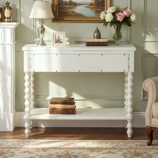Sunvega Antique Cream Nightstand with Spindle Legs and Spacious Drawer Storage