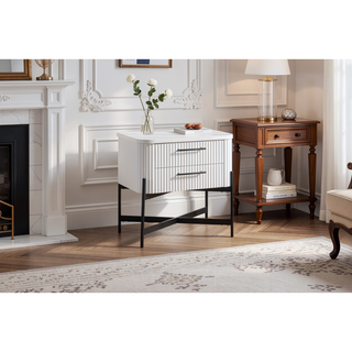 Sunvega White 2 Drawer Nightstand with USB Charging Port and Reeded Fronts