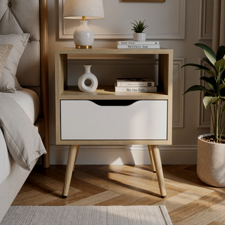 Sunvega Natural Oak and White Nightstand with Drawer and Open Shelf
