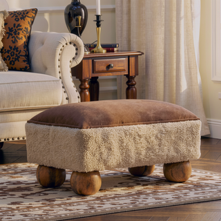 Sunvega Vintage Leather Boucle Upholstered Footstool with Solid Mango Wood Ball Feet