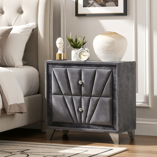 Sunvega Transitional Gray Fabric Upholstered Nightstand with Chrome Legs and Glass Top
