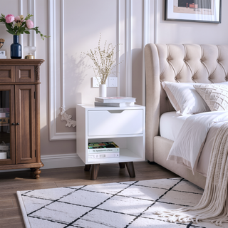 Sunvega Modern Nightstand with Open Shelf and Drawer on Wooden Legs