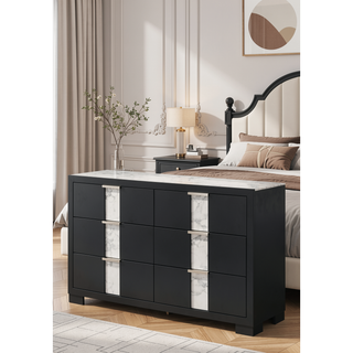 Sunvega Black and White Finish Nightstand with Two Drawers and Metal Knobs