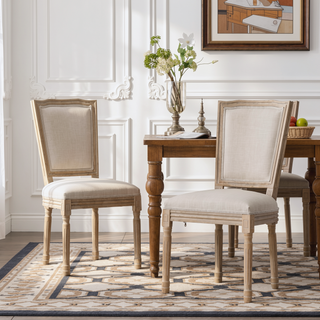 Sunvega French Style Solid Wood Frame Linen Fabric Oval Back Dining Chairs Set of 2