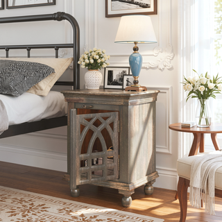 Sunvega Antique Grey Wood Nightstand with Carved Pattern for Bedroom