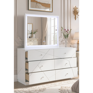 Sunvega White Lacquer Dresser with Six Smooth-Glide Drawers and Marble Accents