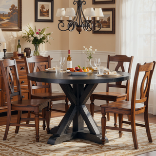 Sunvega Distressed Black Round Dining Table with Hand-Stained Oak Veneer Finish