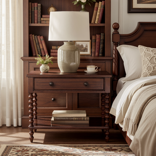 Sunvega Antique Cream Nightstand with Spindle Legs and Spacious Drawer Storage