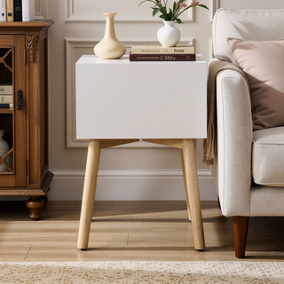 Sunvega Mid-Century Modern Bedside Table with 2 Drawers and Rubber Wood Legs