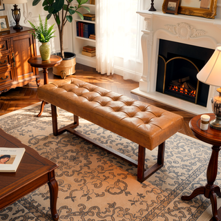 Sunvega Mid-Century Modern Tan Leather Bench with Solid Wood Frame for Living Room