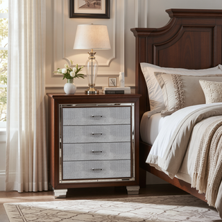 Sunvega Silver Faux Alligator Embossed Nightstand with 2 Dovetail Drawers and LED Lighting