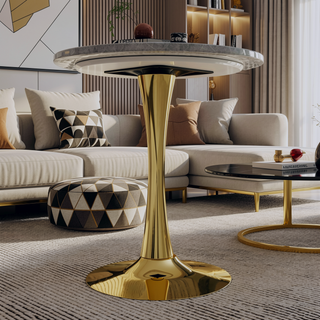 Sunvega Round White Pedestal Side Table with Marble Effect Top for Living Room