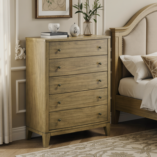 Sunvega Natural Pine Chest of Drawers with Five Large Felt-Lined Drawers for Bedroom
