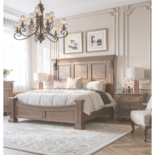 Sunvega Weathered Oak Solid Wood Nightstand with Carved Details and Reeded Posts