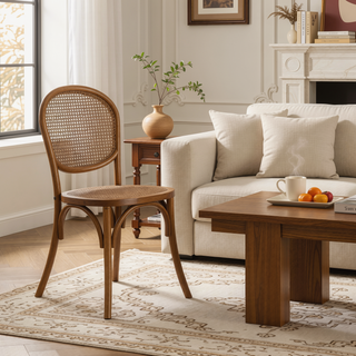 Sunvega Vintage Rattan Dining Chairs with Birch Wood Frame Set of 2