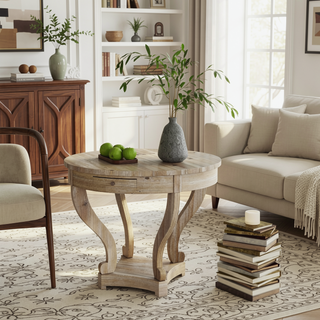 Sunvega Small Round Natural Wood Side Table with Two Storage Drawers