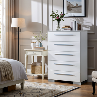 Sunvega Contemporary Glossy White Finish Chest with Five English Dovetail Drawers