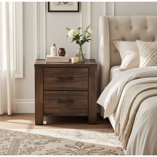 Sunvega Oak Finish Contemporary Wooden Bedside Table with 2 Drawers Storage