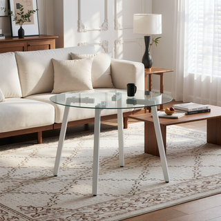 Sunvega Modern Minimalist Circular Transparent Tempered Glass Table with Golden Metal Legs