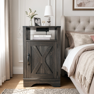 Sunvega White Oak Farmhouse Nightstand with Charging Station and Ample Storage