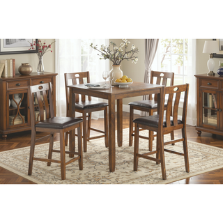 Sunvega Brown Acacia Veneer Counter Height Dining Table Set with 4 Upholstered Chairs