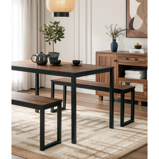Sunvega Industrial Style 3pc Dining Set with U-Shape Metal Legs and Wooden Top