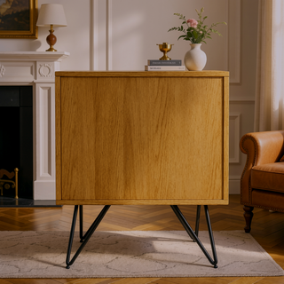 Sunvega Industrial Modern Oak Veneer Nightstand with Drawer and Open Storage