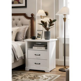 Sunvega White 2-Drawer Nightstand with USB Charging Ports and Open Shelf