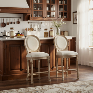 Sunvega French Style Solid Wood Frame Linen Fabric Oval Back Dining Chairs Set of 2