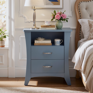 Sunvega Grey Nightstand with 2 Drawers and Open Shelving for Bedroom Storage